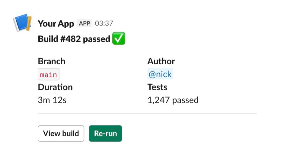A build status notification rendered in Slack